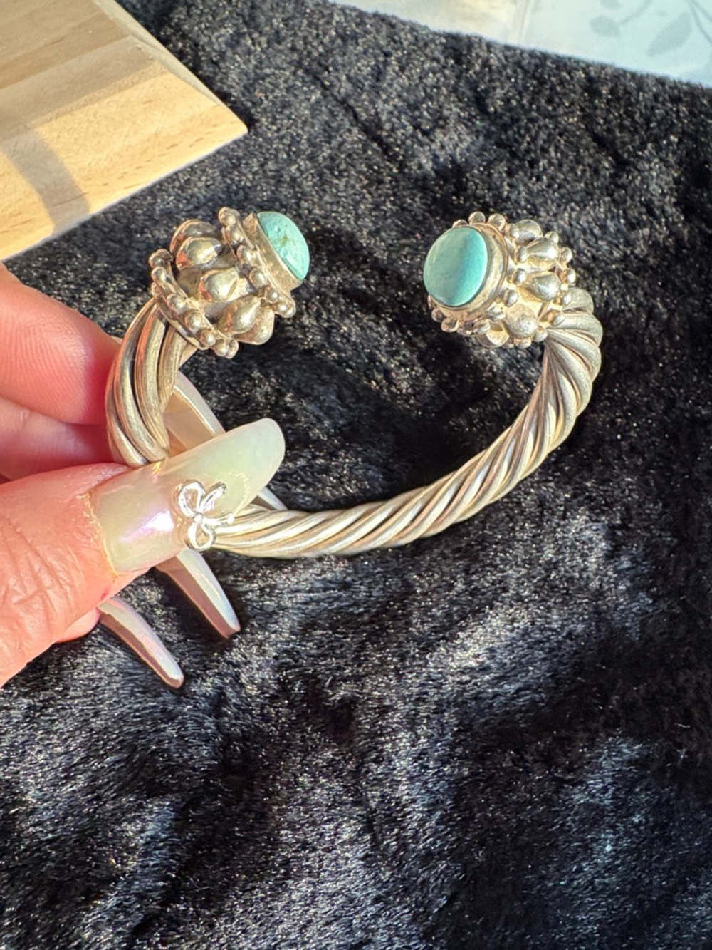 Pure silver Twisted Cuff Bracelet w Turquoise Cabochons 925 Price Firm